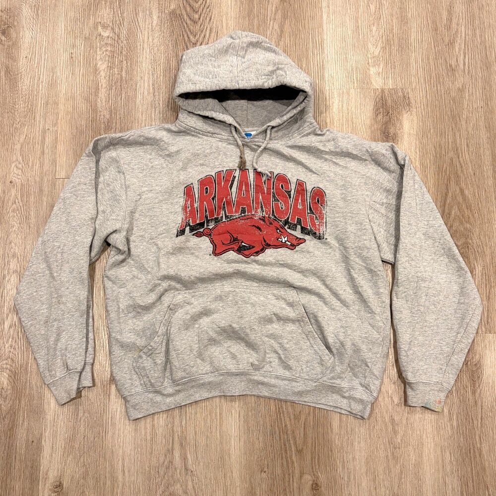 2000s Y2K Arkansas Razorbacks NCAA Hoodie Men's Medium Grey Collegiate Boxy